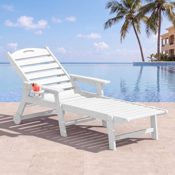 Cobiod Outdoor HDPE Chaise Lounge Chair,5-Position Adjustable Reclining Lounger with Wheels & Cup Holders,350lb Capacity,Overall length 78" , White