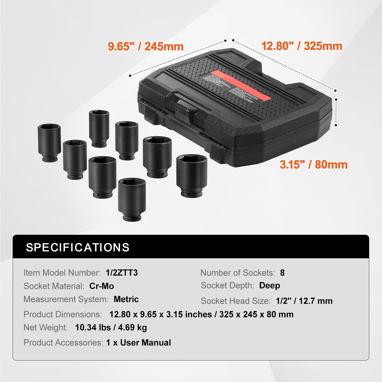 KFFKFF Axle Nut Impact Socket Set, 1/2" Drive, 12-Point Deep Metric 8-Piece Spindle Nut Socket Kit, CR-MO Heat-Treated Large Socket Set with Storage Case for Auto Repair and Axle Nut Installation