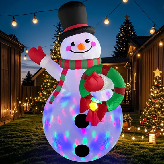 6FT Christmas Inflatables Snowman Outdoor Decorations with Colorful Rotating LED Lights, Blow up Wreath Xmas Decor for Yard Garden Lawn Holiday Party