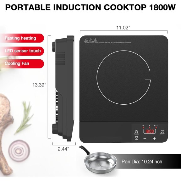 1800W Portable Induction Cooktop with 4H Timer, 8 Temperature Settings & 8 Power Levels, 110V Electric Stove for Home, RV, Camping