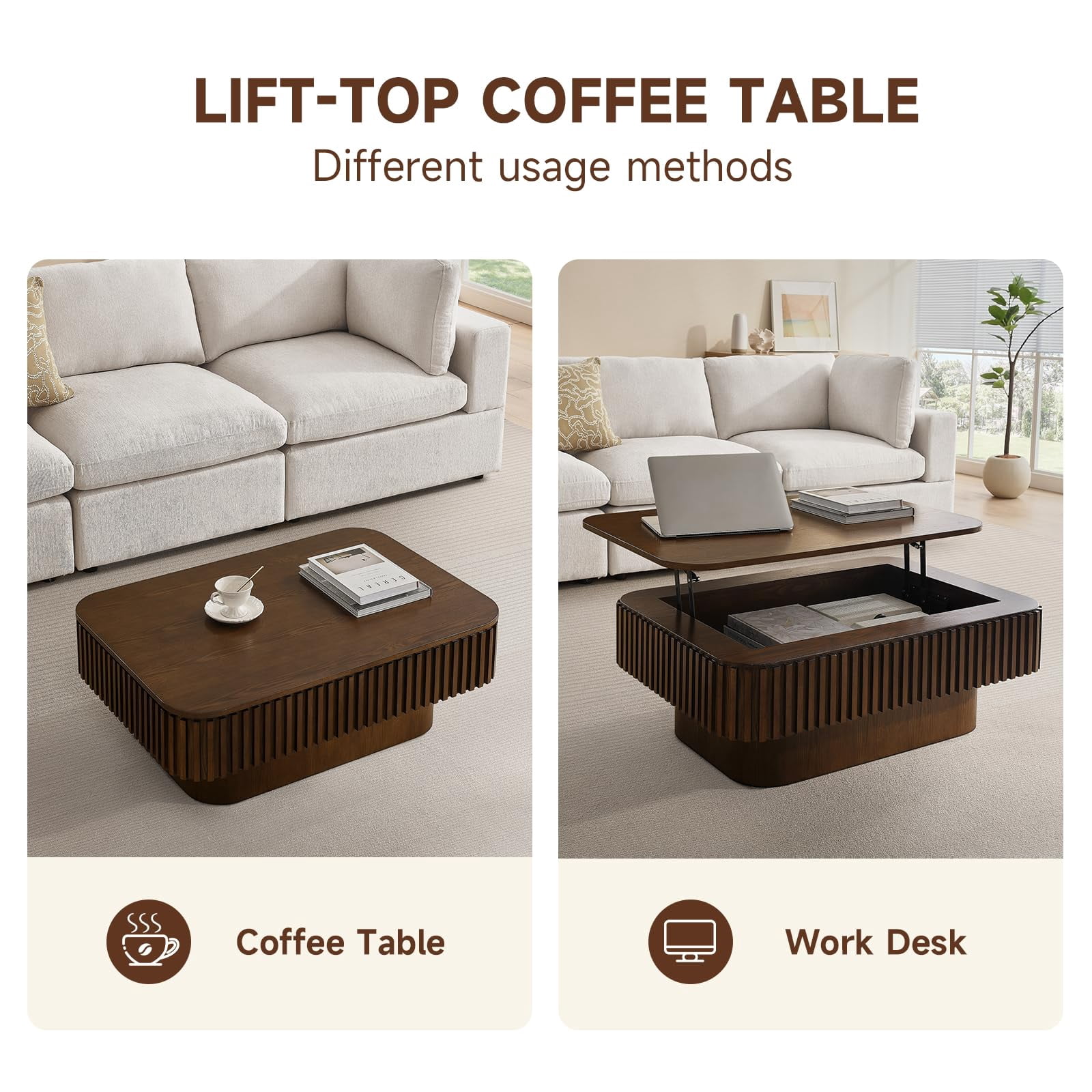 38.6" Lift-Top Walnut Coffee Table with Hidden Storage Design for Living Room, Office or Small Spaces
