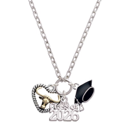 Delight Jewelry Two-tone Longhorn in Rope Heart - Silvertone Class of 2026 Graduation Zoey Charm Necklace, 28"
