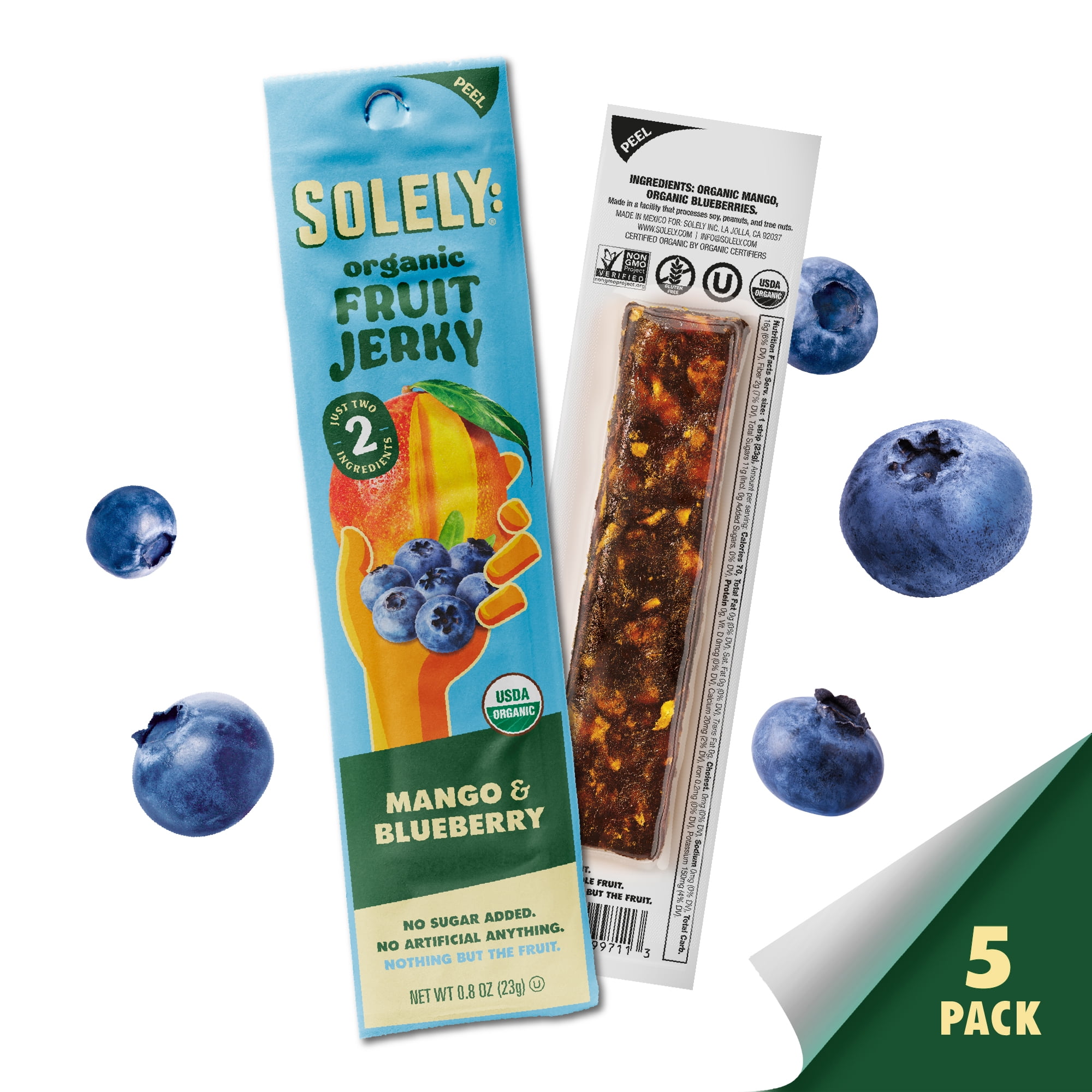 Solely Mango & Blueberry Organic Fruit Snack Jerky, 0.8 oz (5 Count)