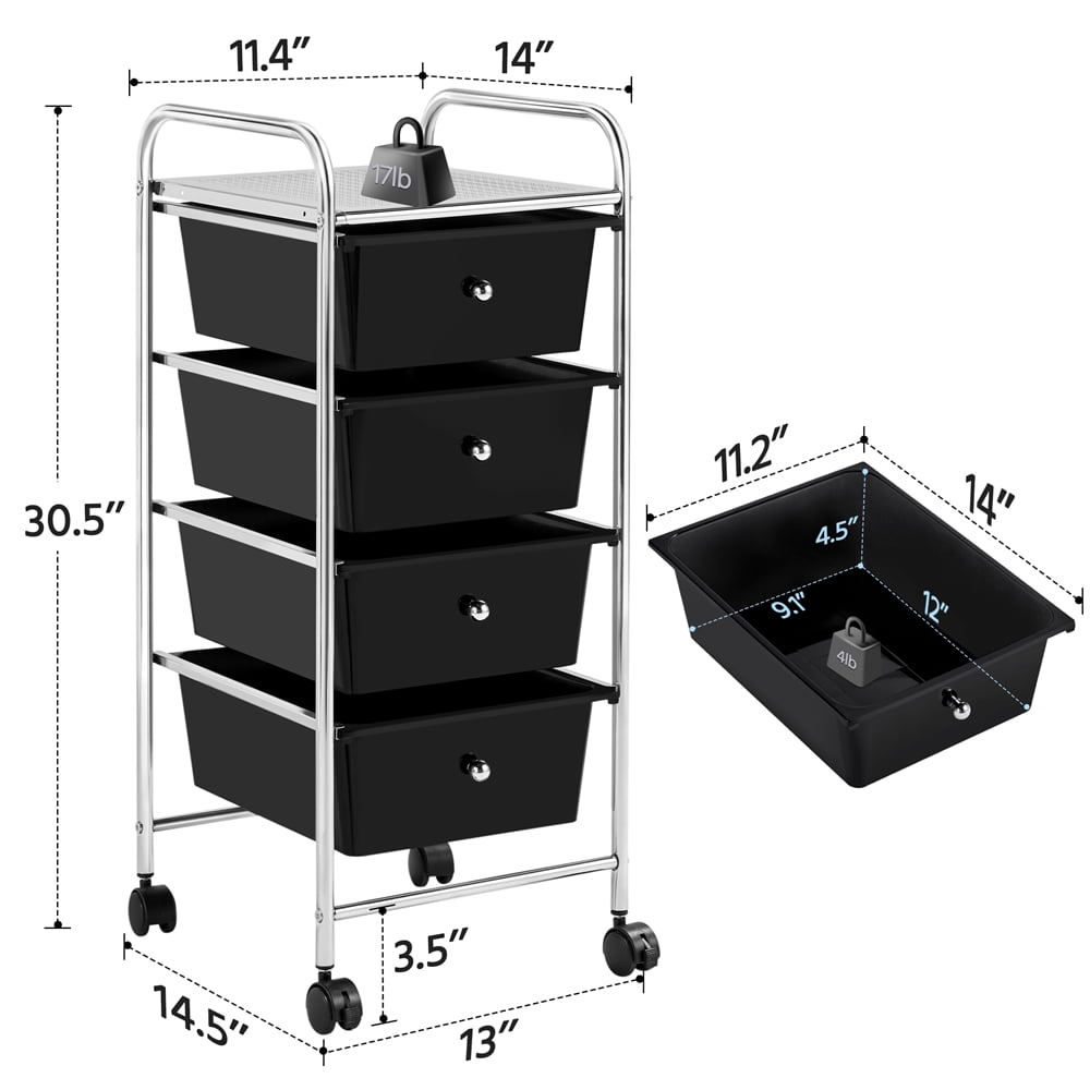 Renwick Rolling Trolley Storage Cart Bin with 4 Plastic Drawers on Wheels, Black