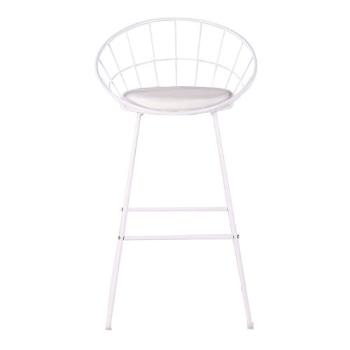 Set of 2 Modern Nordic Industrial Counter Height Bar Stools, 29.5" Seat Height, Curved Hollow Metal Backrest, Padded Faux Leather Seat, Heavy-Duty Sled Base, White