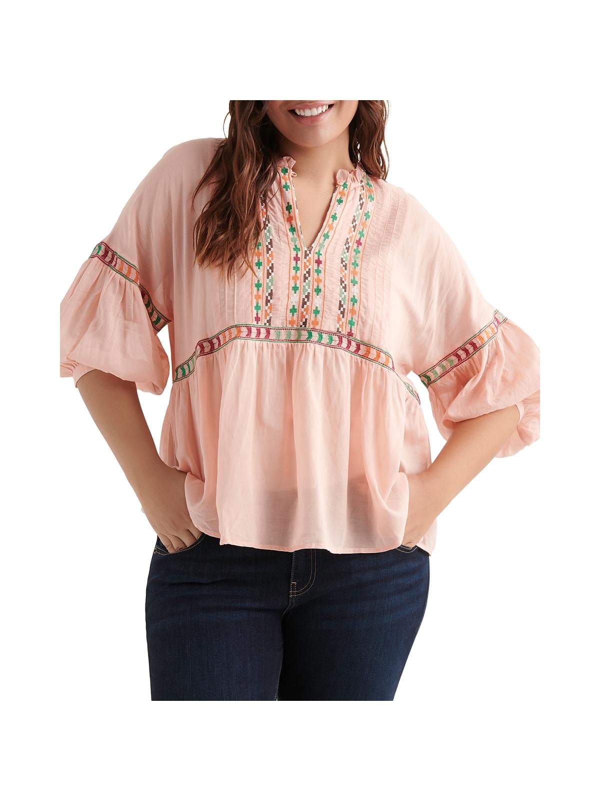 Lucky Brand Womens Plus Size Romantic Peasant Ruffle Top