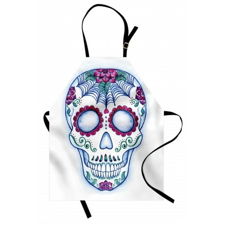 Sugar Skull Apron Day of The Dead Colorful Skull with Floral Ornament Hand Drawn Style Doodle, Unisex Kitchen Bib Apron with Adjustable Neck for Cooking Baking Gardening, Multicolor, by Ambesonne