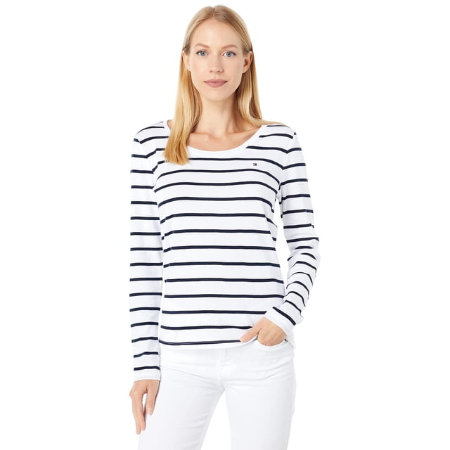 Camiseta Tommy Hilfiger para mujer, manga larga, cuello redondo, color blanco