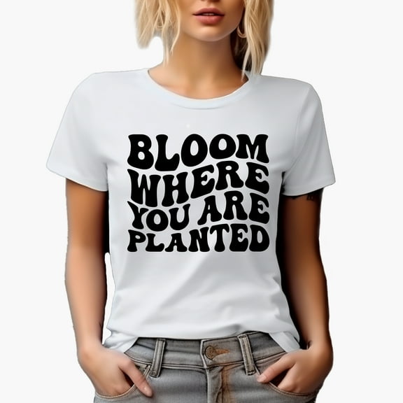 Bloom Where You Are Planted, Inspirational Quote About Growing, Groovy Retro Wavy Text Merch Gift, White T-Shirt, Small