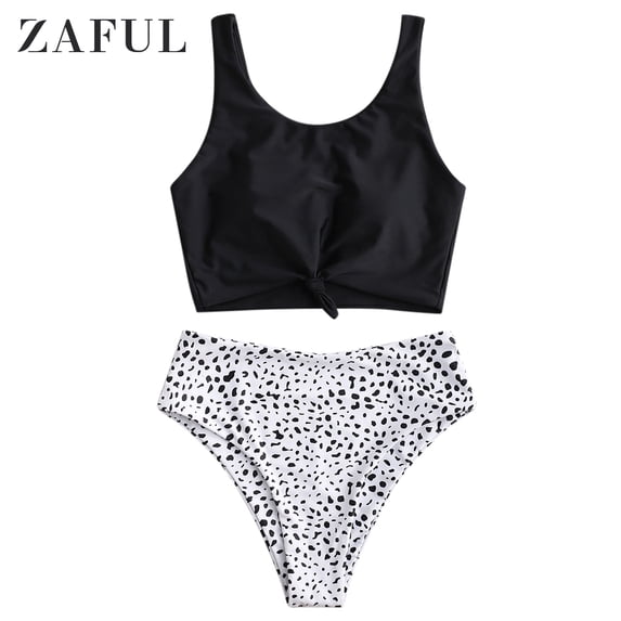 ZAFUL for Women Knot Dalmatian Print High Waisted Tankini Swimsuit Black L