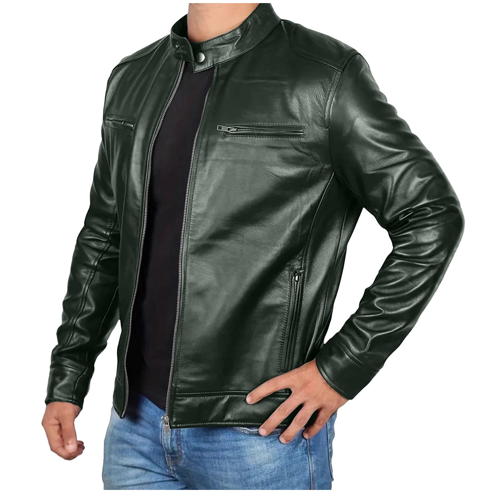 Fengqque Men's Solid Color Retro Fashion Stand Collar Leather Jacket Motorcycle Lightweight Faux Leather Jacket Army Green XL(XL)