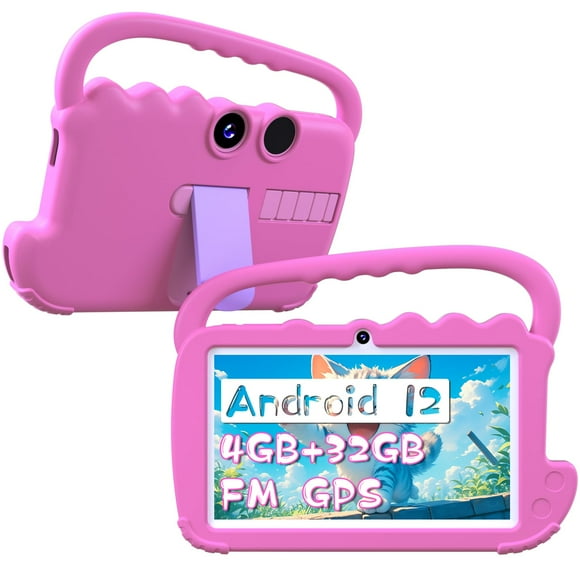 YQSAVIOR Kids Tablet, 7inch 4 GB RAM | Android 12 | 32GB ROM | Bluetooth, IPS Screen, Parental Control, Dual Camera, Shockproof Case | Educational, Games, Pink Case