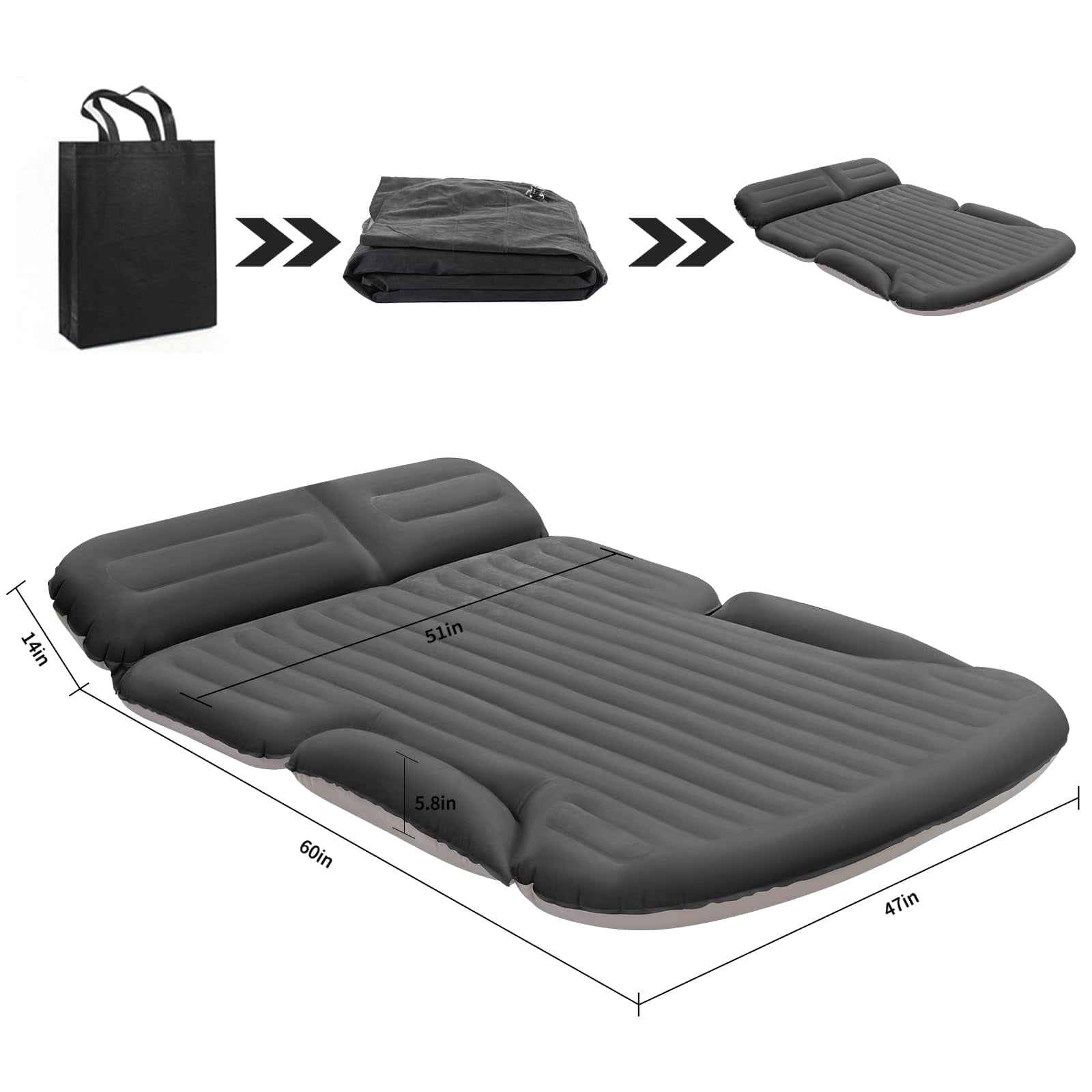 QDH SUV Air Mattress Thickened and Double-Sided Flocking Travel Camping Bed with 2 Pillows & Electric Pump Dedicated Mobile Cushion Inflatable Bed for SUV Trunk and Rear Seat (Dark Gray)