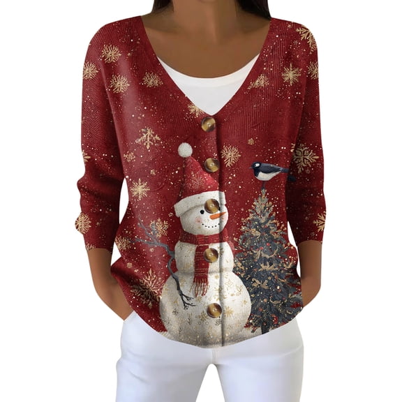 Wutalume Women's Cozy Christmas Snowman Snowflake Print Long Sleeve Jacket Cardigan, Soft and Warm Holiday Outerwear for Casual and Festive Wear,Deep Red L