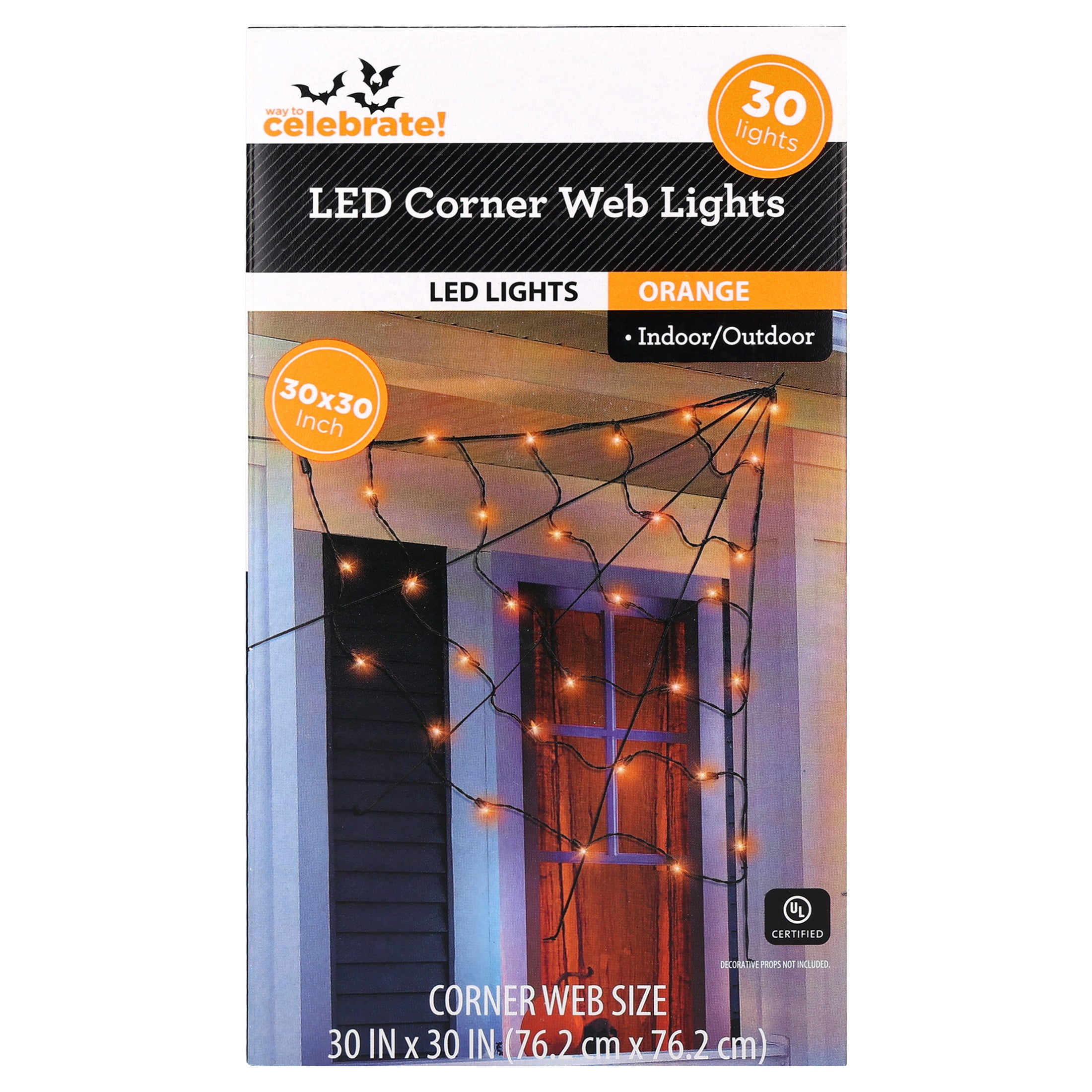 Indoor/Outdoor 30-Count LED Corner Web Lights, Orange, 30" x 30", Halloween by Way To Celebrate
