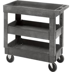 Utility Cart, (3) shelves, 550 lb. capacity, push handle, (4) 5" casters: (2) rigid and (2) swivel, polymer, gray, shipped KD