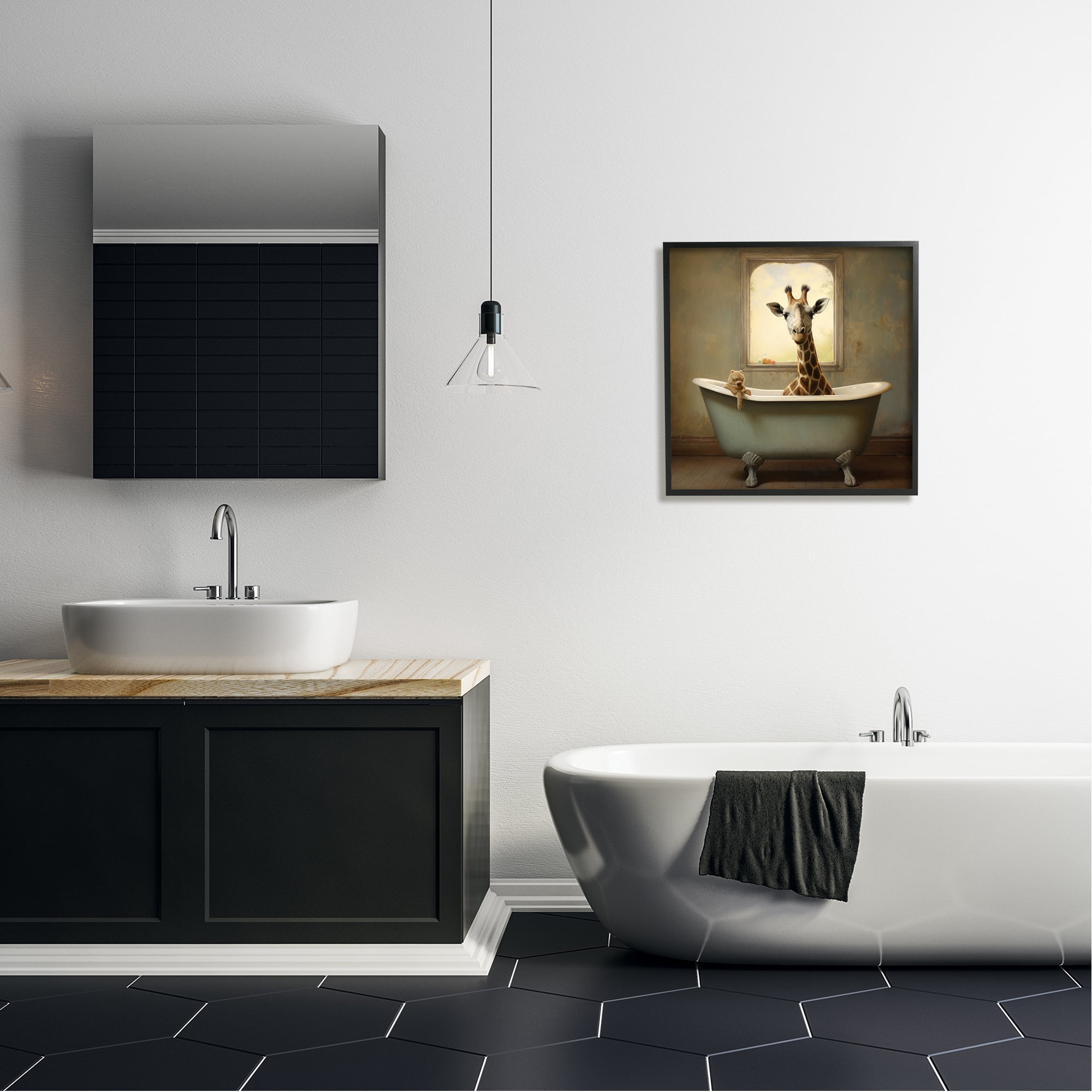 Stupell Industries Vintage Giraffe in Tub Animals & Insects Painting Black Framed Art Print Wall Art, 24 x 24