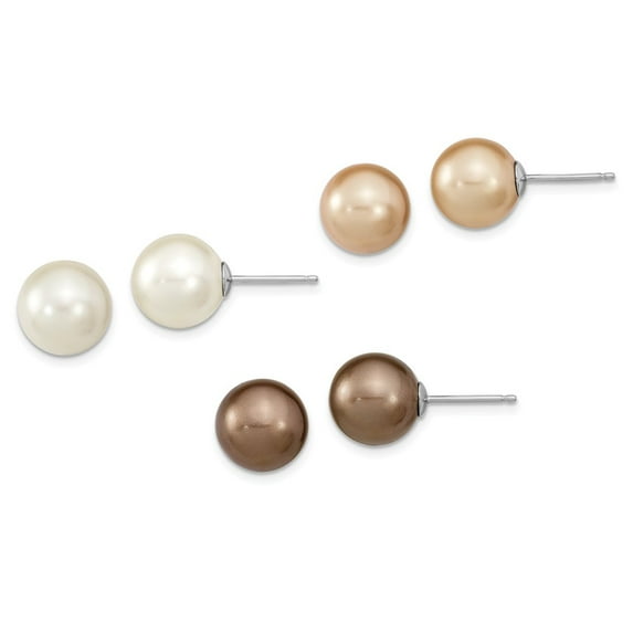 925 Sterling Silver Rhodium-Plate 10-11mm White /Champagne /Brown Imitation Shell Pearl Earring Set
