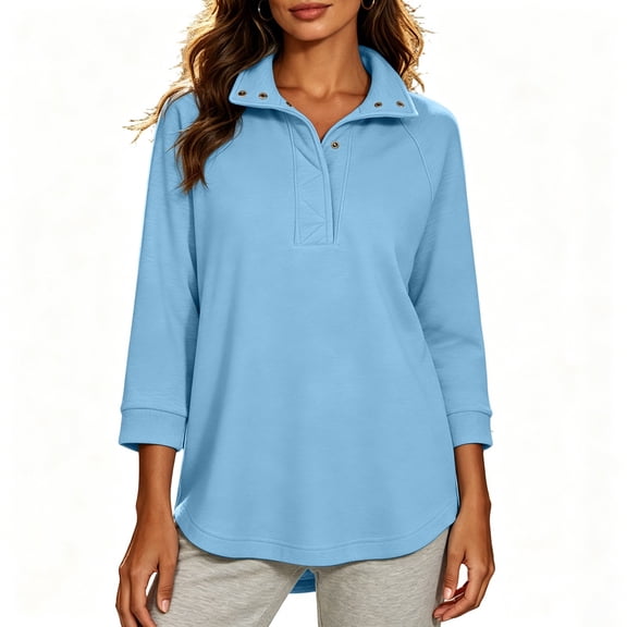 Vynhevius Women's 3/4 Sleeve Sweatshirt Stand Collar Half Snap Tunic Length Casual Pullover Tops