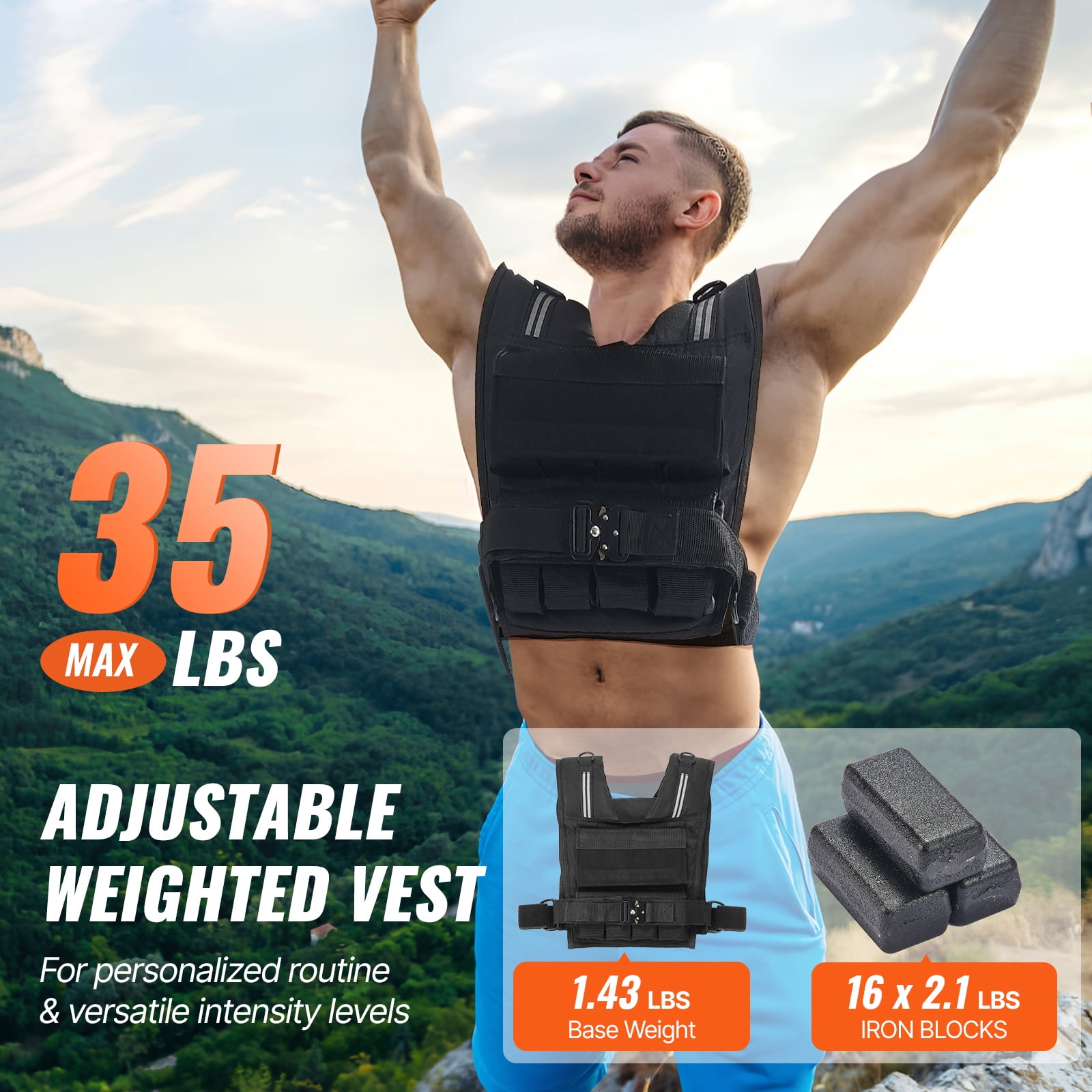 KFFKFF Adjustable Weighted Vest, 35lb Exercise Vest with Iron Weights, Shoulder Padding, and Reflective Stripes, Fitness Vest for Men and Women, Training Gear for Running and Strength Workouts