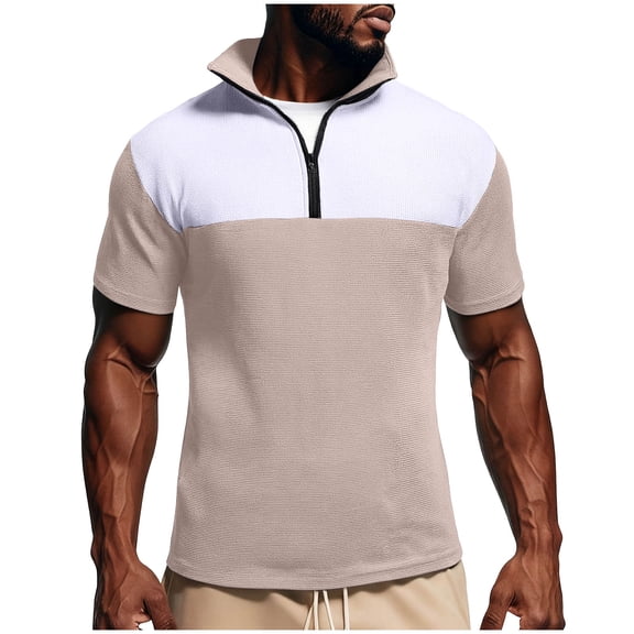 YLSDY Casual Waffle Shirts for Men Slim Fit Zipper Golf Tshirt Breathable Short Sleeve Tee Summer Casual Zip Collared Work Tops Khaki XXXL