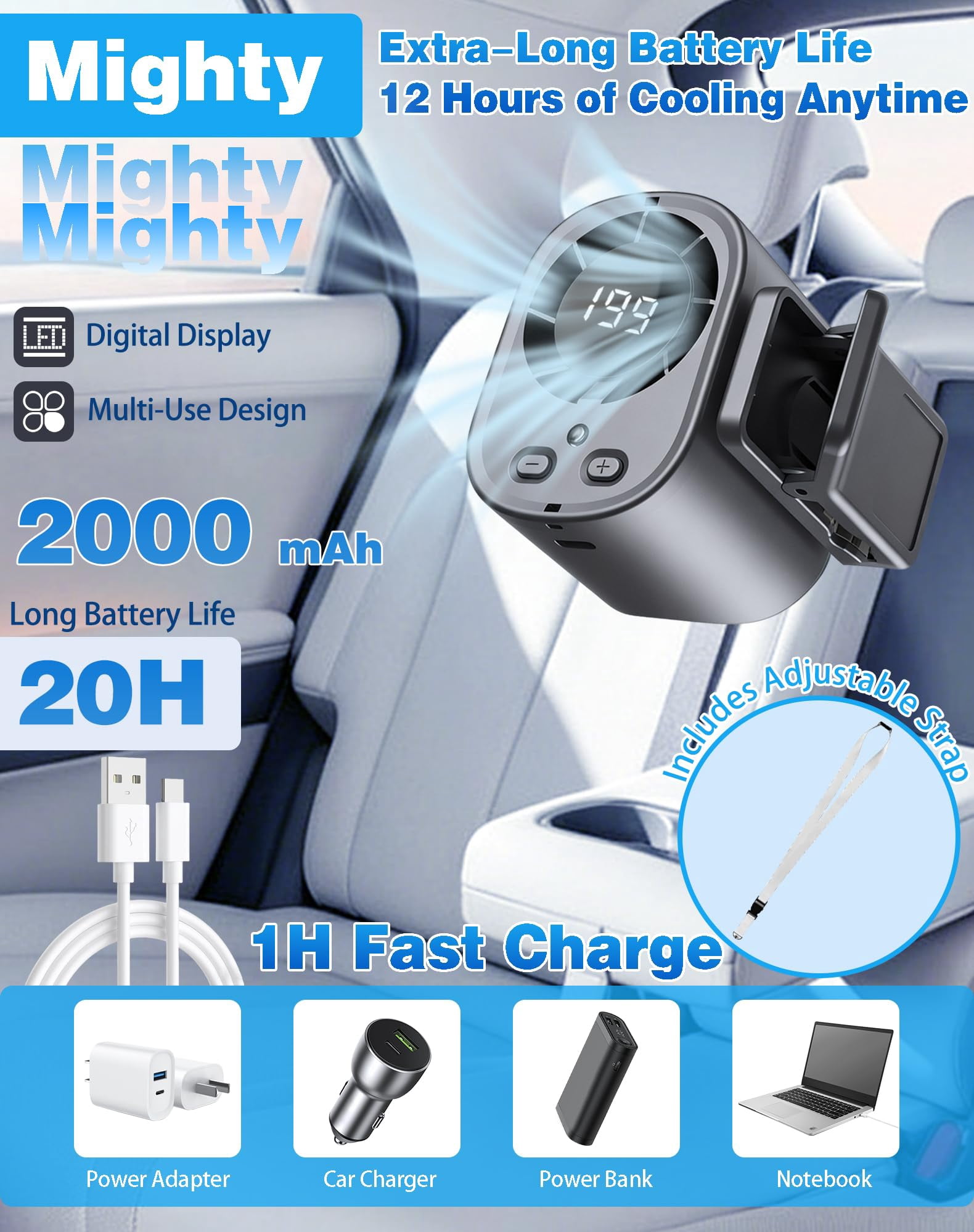 Portable Car Air Conditioner, Clip On Air Conditioner For Car, Portable Car Air Conditioner Fan 360° Rotation USB Rechargeable Cooling Device For Vehicle Office Travel