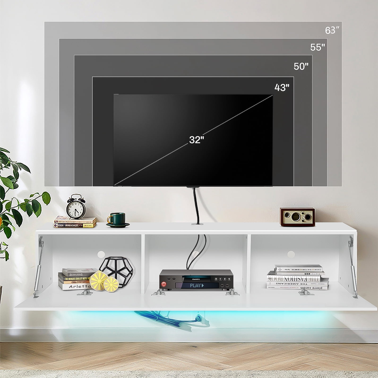 Floating TV Stand with LED Lights Wall Mounted TV Cabinet Entertainment Center Storage Shelf for up to 63 inch TV