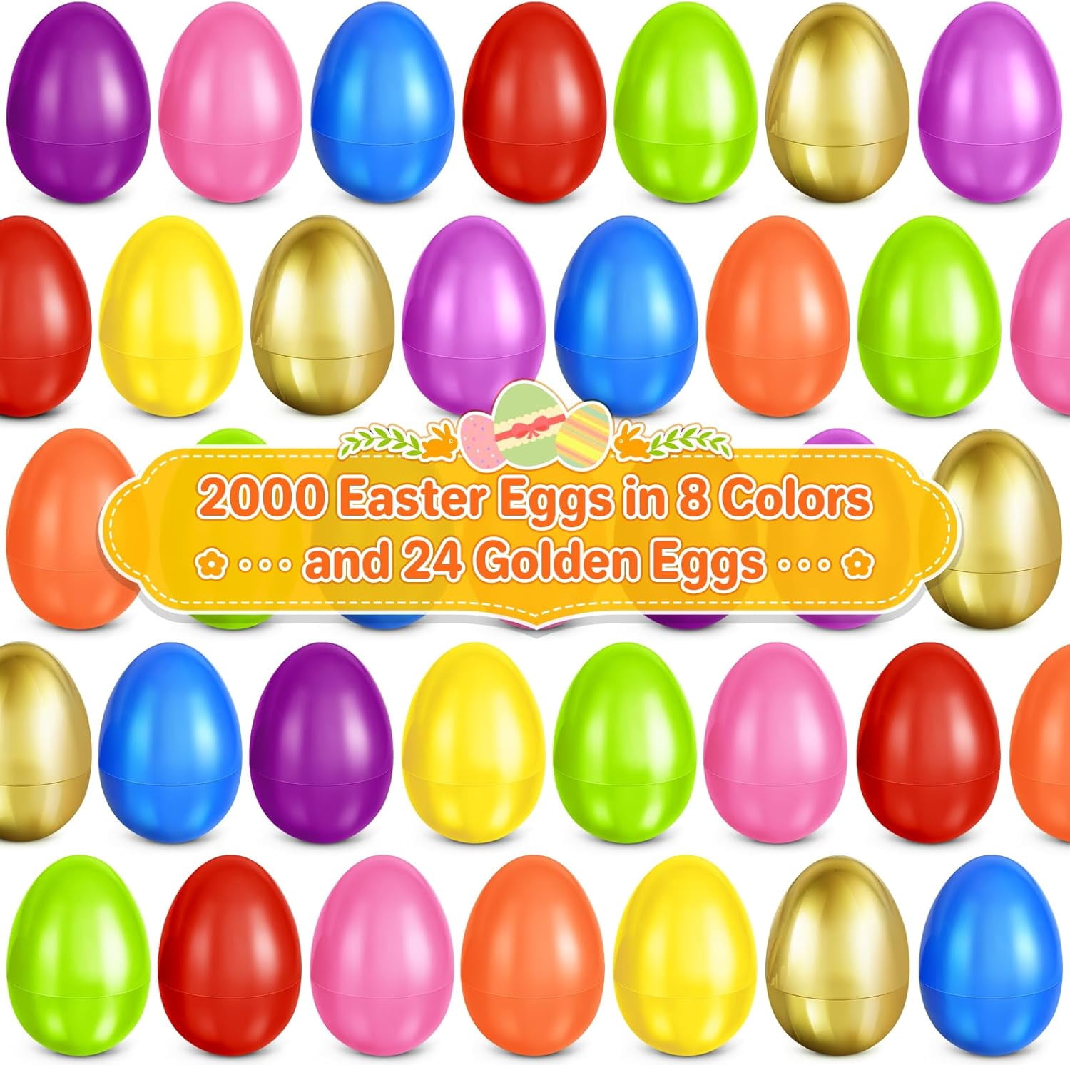 2.3” Unfilled Easter Eggs, 2000 pcs Colorful Egg Plus 24 Golden Egg, Empty Plastic Eggs Fillable with Candy, Treats, Presents for Toy Basket,Easter Decorations, Easter Egg Hunt