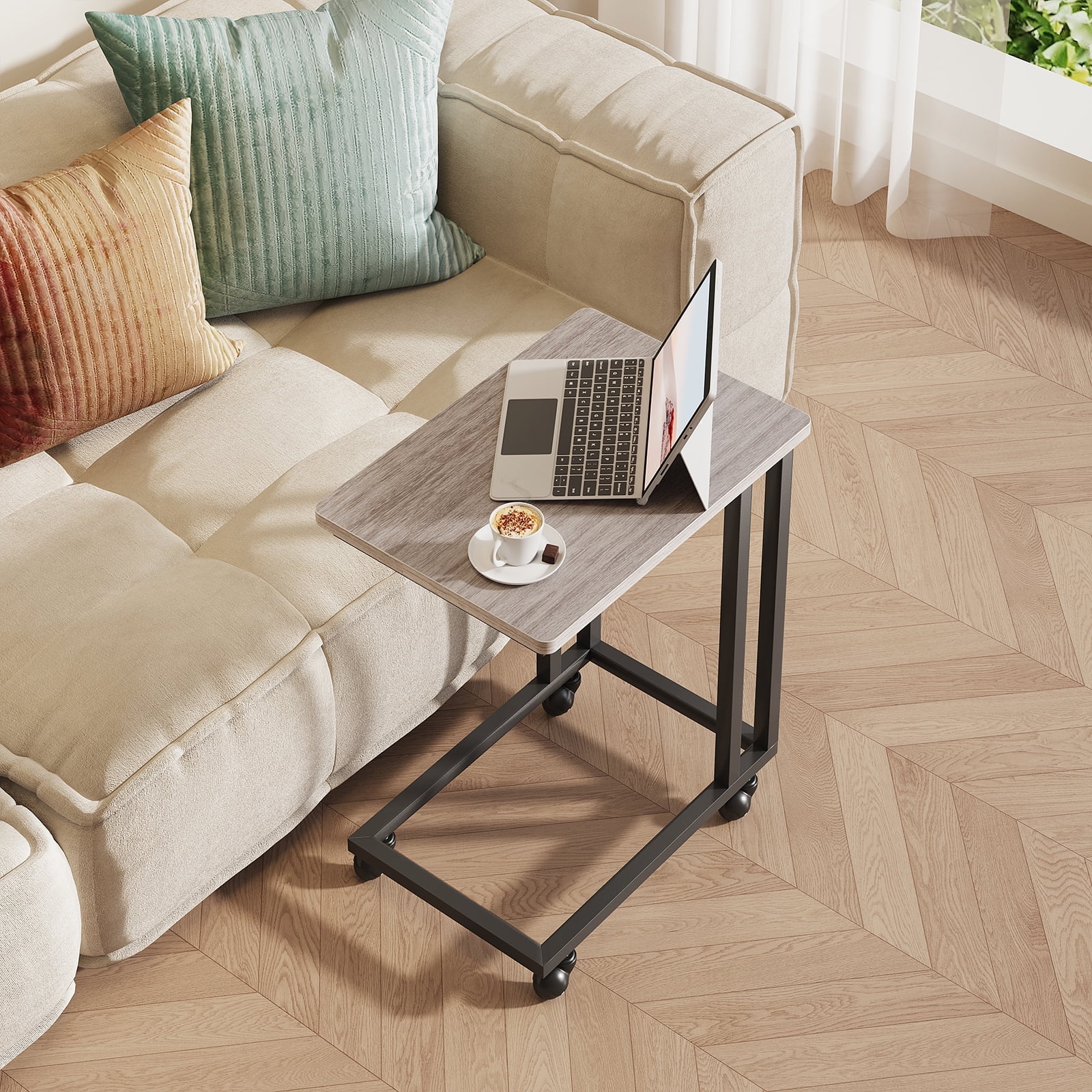 EDX C-Shaped End Table, Small Side Table for Couch, Sofa Table with Metal Frame for Living Room, Bedroom, Bedside, Gray
