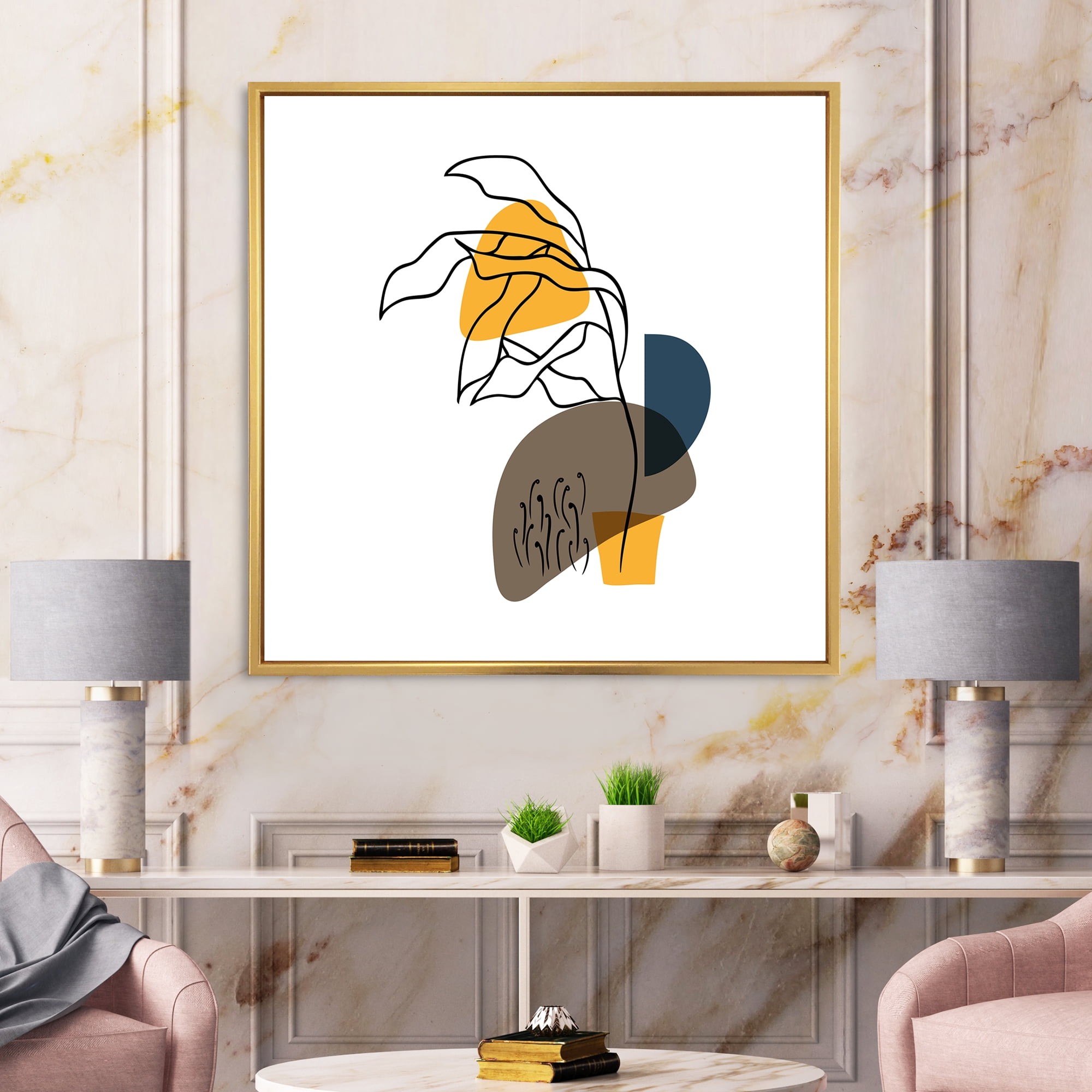 Designart 'Abstract Minimal Shapes Under Flowers V' Modern Framed Canvas Wall Art Print