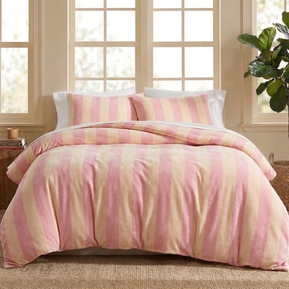Pink Striped Duvet Cover Set Queen Size, Ultra Soft Plush Wide Stripe Bedding Set with 2 Pillowcases, Cabana Stripe Bedding Cozy 3-Piece Cover Set