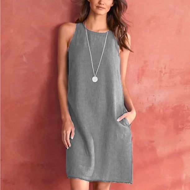 ICHUANYI Clearance Women's Spring/Summer Sleeveless Casual Tank Top Dress Solid Loose Round Neck Pleated Cotton Linen Dress(Gray, S) ICHUANYI WER2023081005488