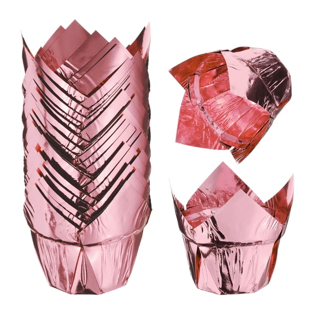50 Pcs Forros de Hornear Tulipán para Cupcakes Muffins Papel Resistente a la Grasa para Bodas Festivales Navidad, Rosa Rosa