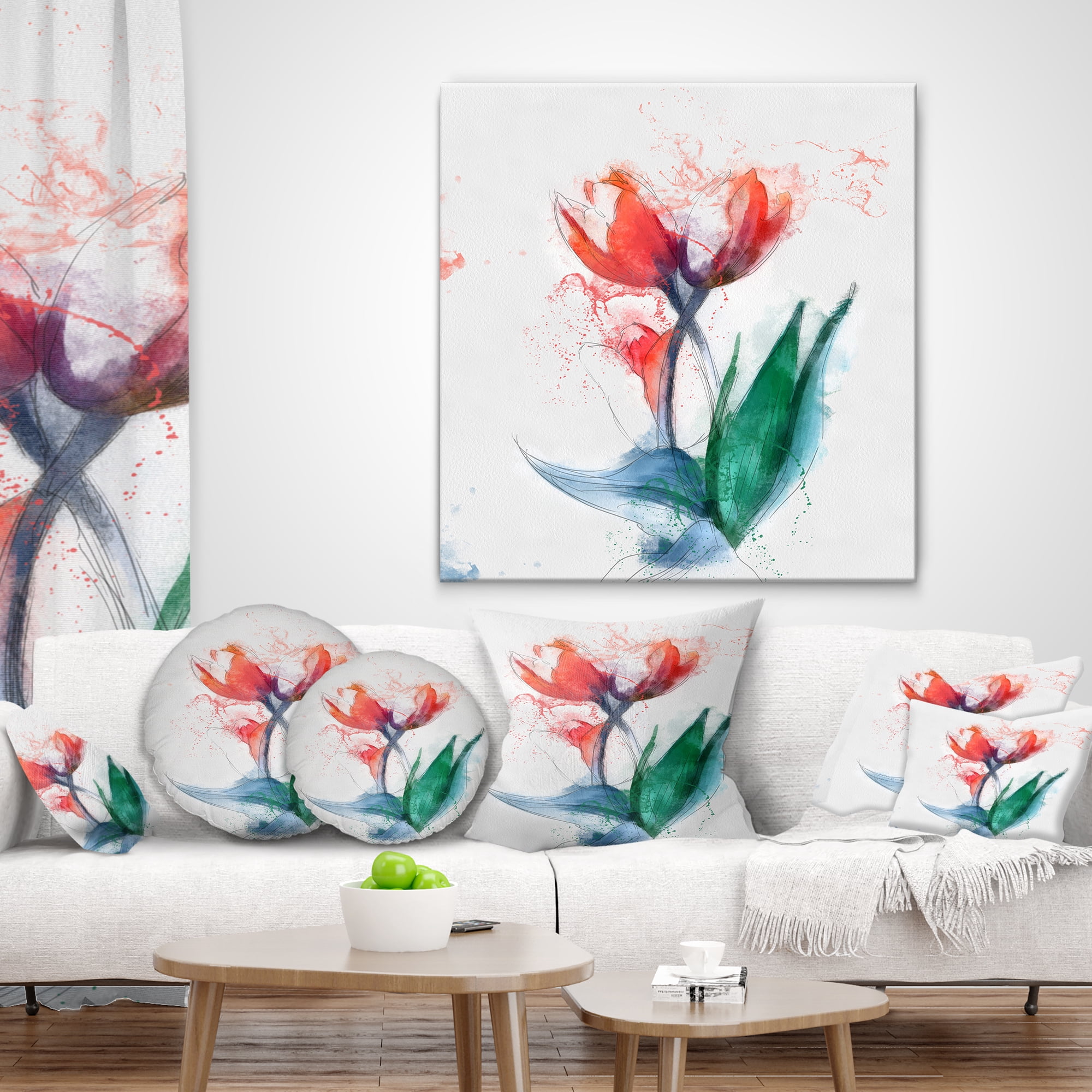 Designart Red Hand drawn Tulips Sketch - Floral Throw Pillow - 12x20