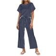 thumbnail image 2 of Idoravan womens 2 piece lounge sets Women's Round Neck Stripe Short Sleeve shirts Long Pants With Elastic Waist Pocket pants Set, 2 of 8