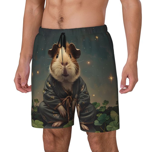 Balery Lotus Leaf Starry Sky Guinea Pig Bañador para hombre, shorts de playa de secado rápido con entrepierna y forro de compresión-Large