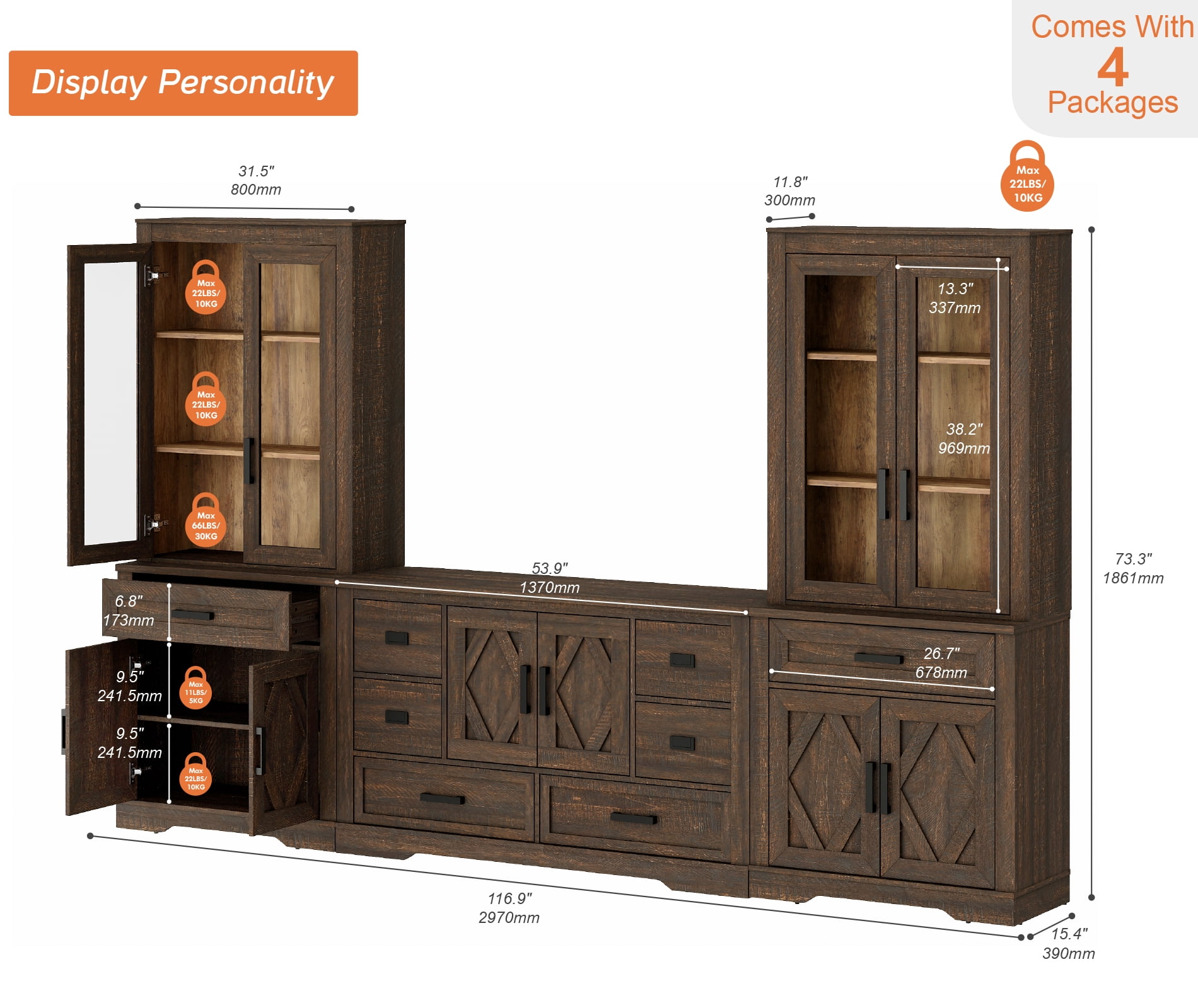 WAMPAT Farmhouse Entertainment Center with Bookshelf for TVs up to 60",Mid Century Modern TV Stand with 73"H Tall 5-Tier Bookcase with Open Storage and Barn Doors for Living Room,Bedroom,Espresso
