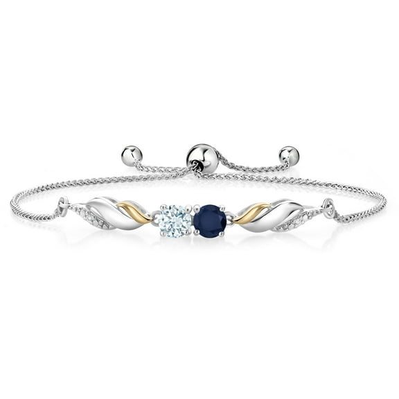 Gem Stone King 1.12 Ct Blue Sapphire Sky Blue Aquamarine 925 Silver and 10K Yellow Gold Lab Grown Diamond Bracelet for Women