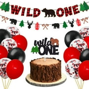 Wild 1st One Birthday OIF8Decorations Pack - Buffalo Plaid Winter Bear Woodland Camping Hunting Lumberjack-Themed Baby Shower Bday Party Supplies Includes Glitter Cake Topper Banner and Balloons