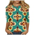 thumbnail image 2 of Cagogo Casual 3/4 Sleeve Vintage Tshirts for Women Under $5 Summer Spring Tops Aztec Western Crew Neck Ethnic Style Tunic Tops for Leggings Peasant Green Blouses Clothes, 2 of 5