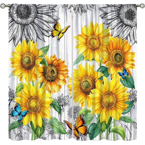 Sunflower Blackout Curtains Farmhouse Rustic Floral Butterfly Animal Rustic Wood Vintage Panel Yellow Floral for Bedroom Living Room Curtains,84X84 Inch