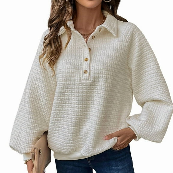 Womens Buttons Pullover Sweater Casual Fall Oversized Sweaters Long Sleeve V Neck Texture Knit Tops Cream White S