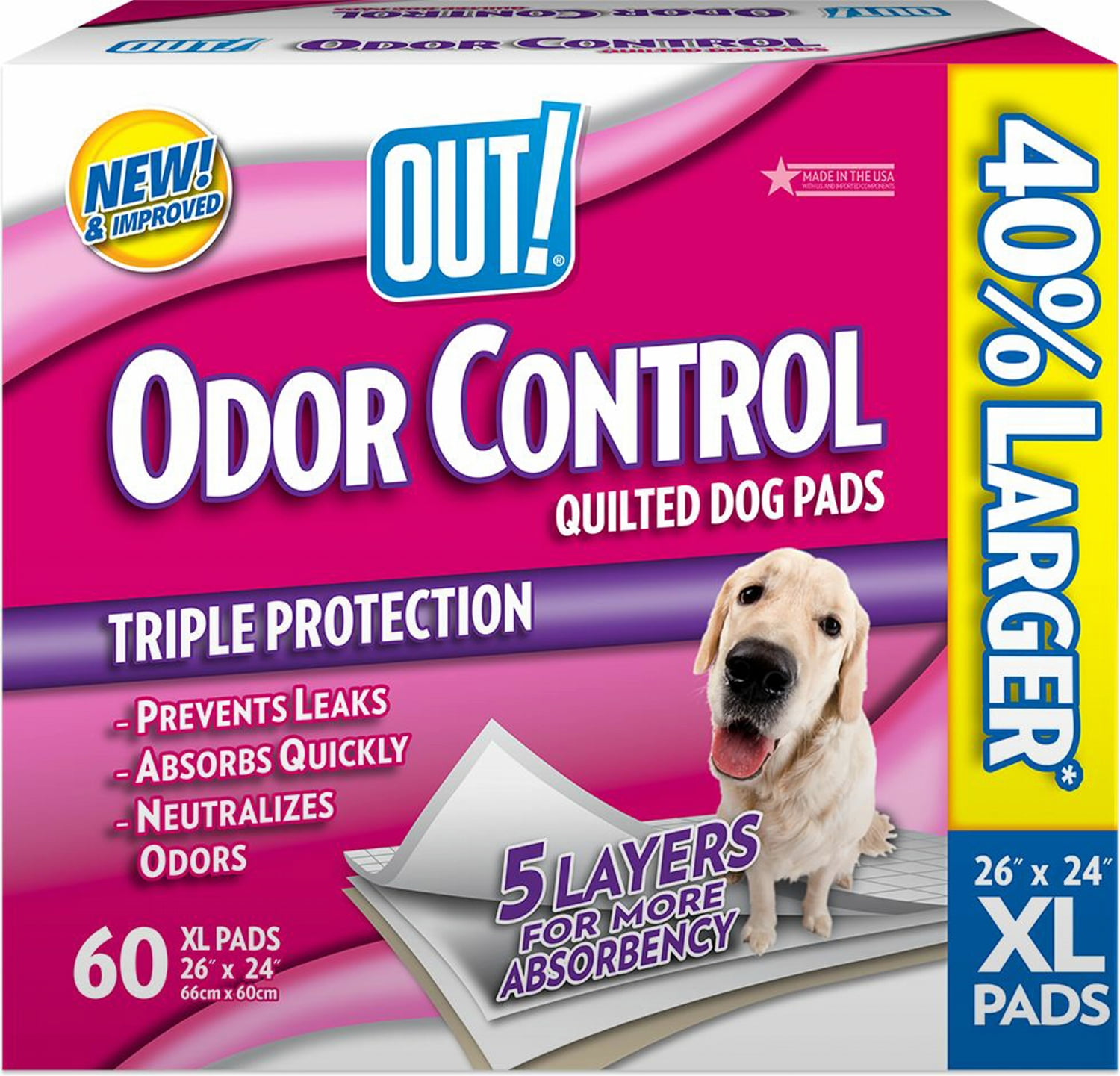 OUT! Odor Control Quilted Dog Pads Training Pads, 26x24 Inch, XLarge