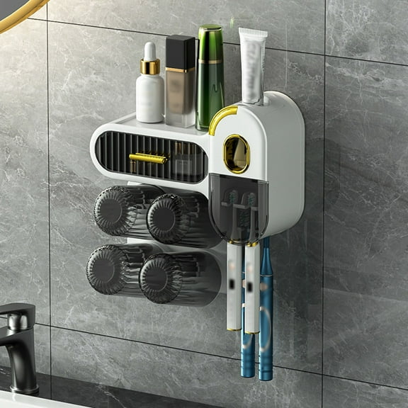 LSLJS Toothbrush Holders for Bathrooms Toothpaste Dispenser, 4 Cups and Drawer Automatic Toothpaste Squeezer Wall Mounted, Multi-Functional Bathroom Organizers and Storage Saving Space and Keep Clean