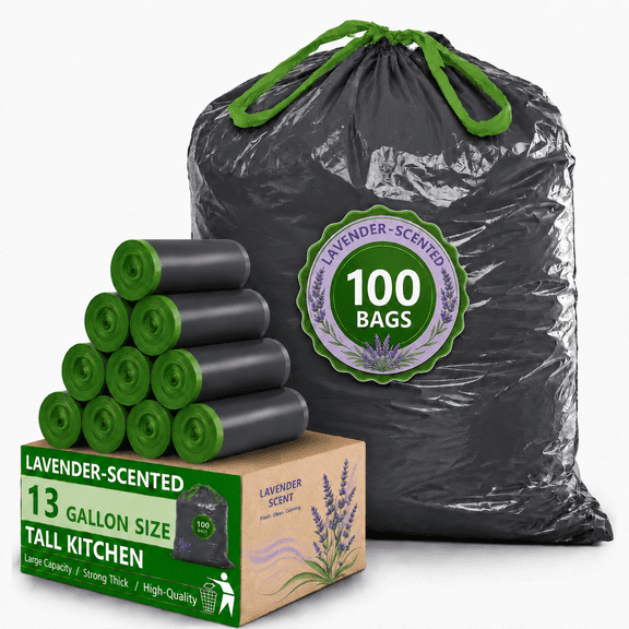 13 Gallon Trash Bags Size, 100 Count Tall Kitchen Garbage Bags, Lavender Scented Gray Drawstring, High Density Heavy Duty for Home Office Garage
