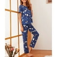 thumbnail image 3 of Conjunto de pijamas Top de manga corta Patrón de impresión elegante Ropa de dormir de cuello redondo suelta transpirable con pantalones largos Azul oscuro L, 3 of 6