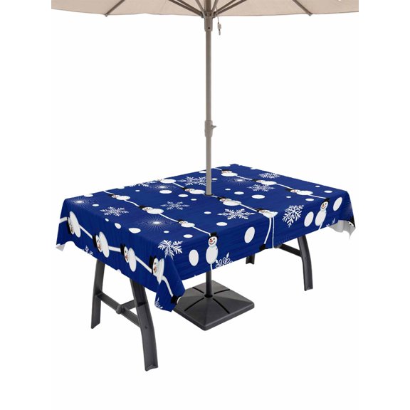 Outdoor Tablecloth with Umbrella Hole and Zipper, Christmas Snowman Blue Rectangle Table Cloth 52x70 Inch Waterproof Tablecloth, Winter Snowflakes Xmas Retro Picnic Table Cover for Patio Camping