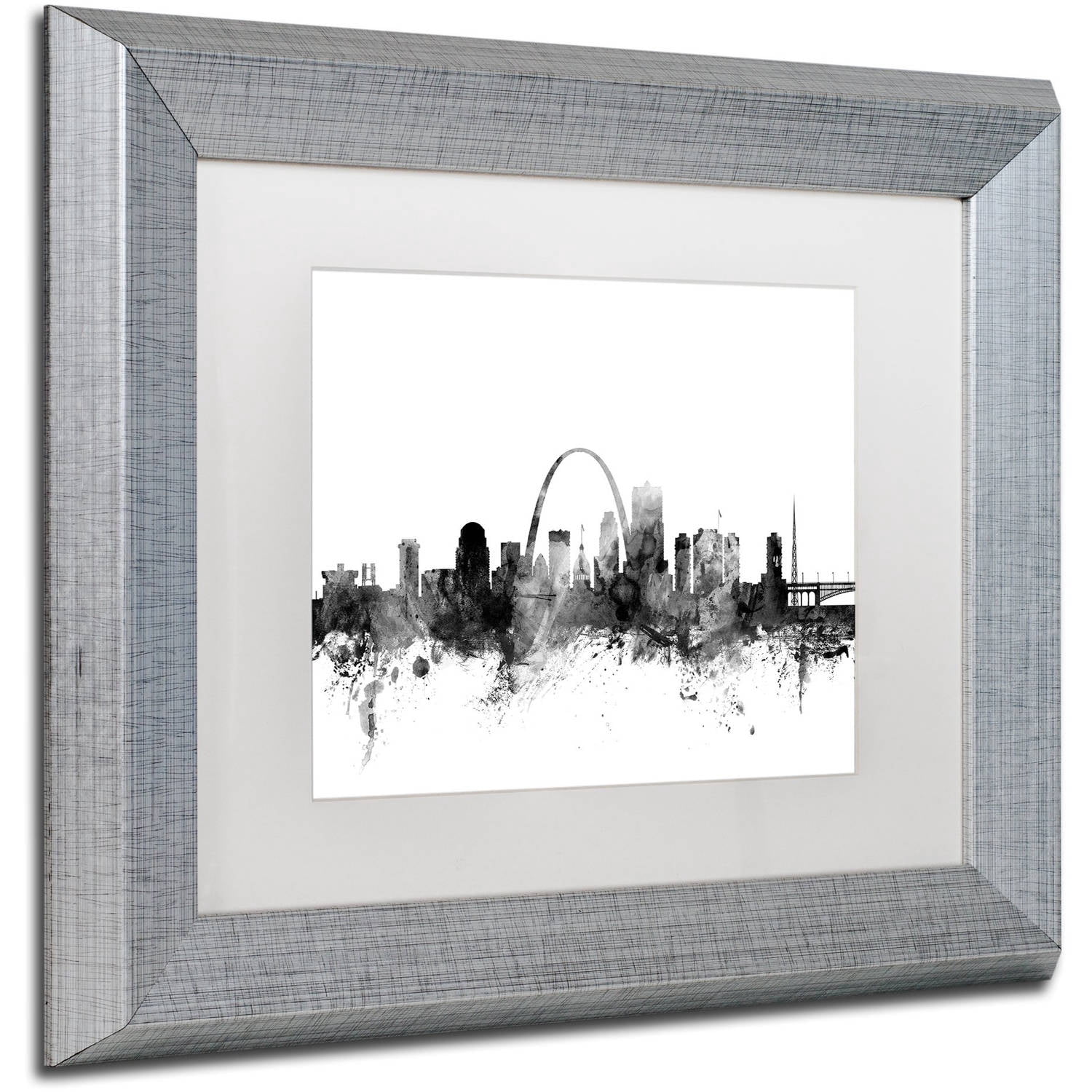 Trademark Fine Art "St Louis Missouri Skyline B&W" Canvas Art by Michael Tompsett, White Matte, Silver Frame