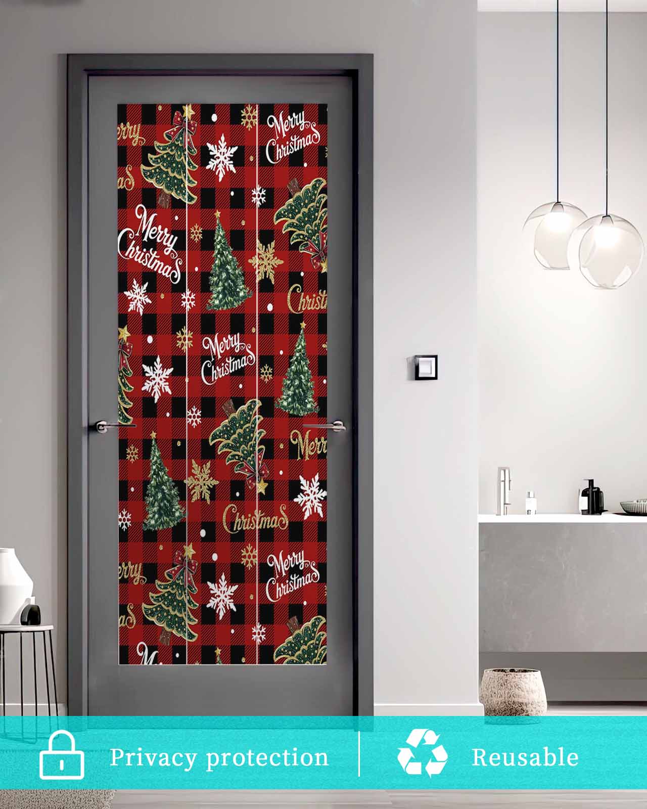 Christmas Window Privacy Film Stained Glass Window Film Decorative Windows Cover Static Windows Cling for Glass Door Pine Tree Gold White Snowflake Red Black Plaid Stickers for Bathroom 23.6"x59"