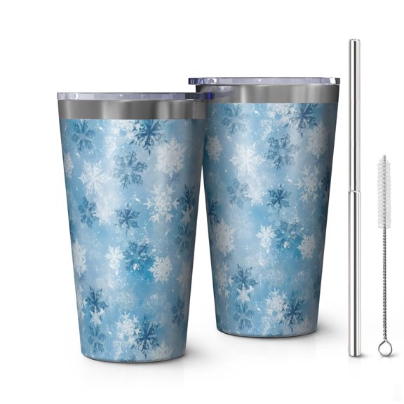 16oz Tumblers Light Blue Christmas Snowflake Pattern Stainless Steel Vacuum Insulated Double Wall Travel Tumbler Cups Mug with Lid and Straw,Cleaning Brush for Coffee,Tea